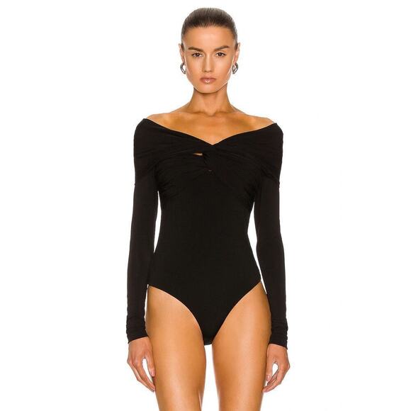 Khaite Cibo Twisted Off The Shoulder Ruched Cut Out Back Bodysuit Black Size XS - Picture 1 of 10